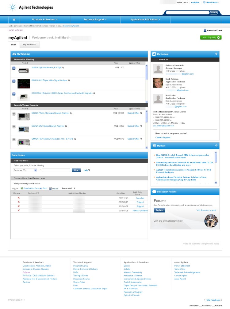 The MyAgilent personal page aims to quickly connect customers with information about all aspects of their relationship: Links to information about the equipment they use; status of their orders; alerts and news about their equipment; forums for advice on using the equipment; and their contacts at Agilent.